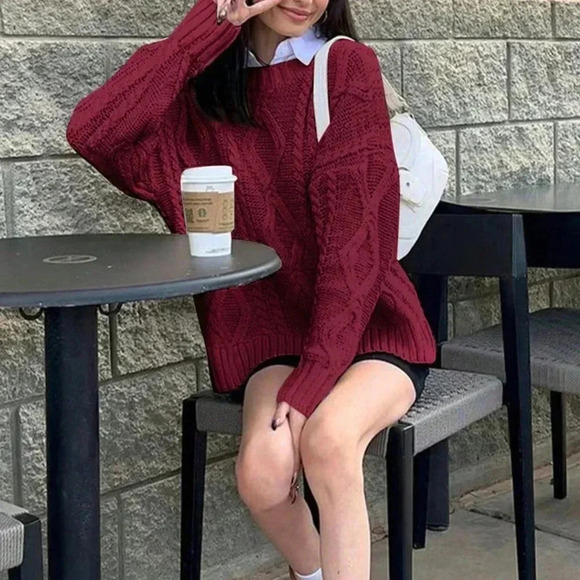 Burgundy Casual Women's Round Neck Cable Knit Long Sleeve Sweater - Picture 6 of 6